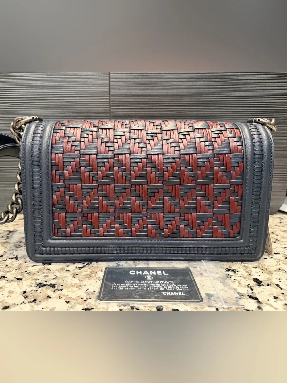 CHANEL Woven Two-Tone Leather Shoulder Bag - Navy Blue & Burgundy